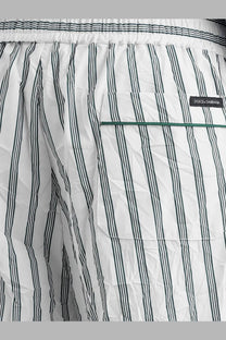 Dolce &amp; Gabbana men’s vanity swim trunks in white and dark green vertical stripes with matching pocket detail and froissé fabric