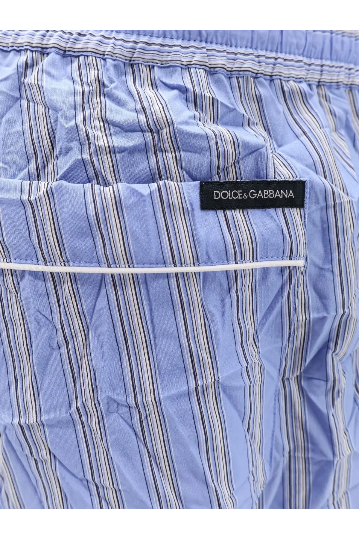 Light blue striped froissé poplin dolce &amp; gabbana men’s vanity pajama trousers with black label on waistband