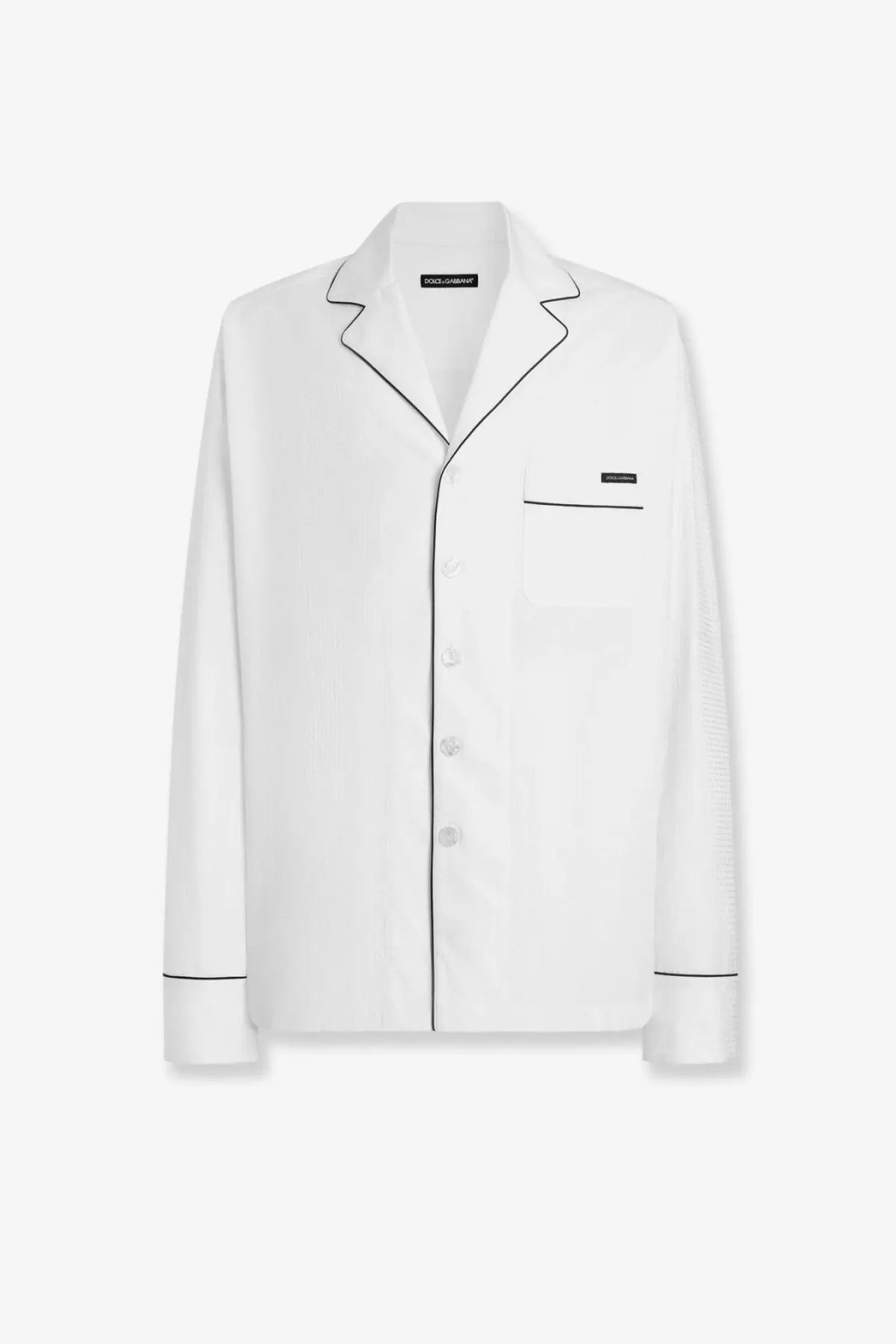 Dolce &amp; Gabbana men’s vanity pajamas white textured cotton shirt with black piping on collar placket and cuffs