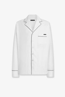 Dolce &amp; Gabbana men’s vanity pajamas white textured cotton shirt with black piping on collar placket and cuffs