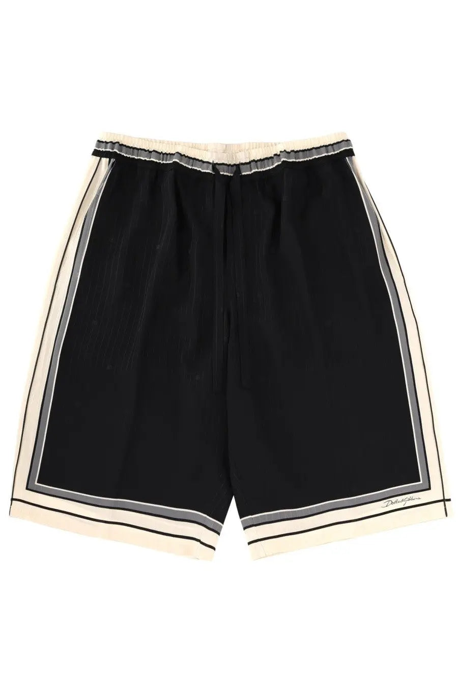 Dolce &amp; Gabbana men’s vanity black athletic shorts with cream and gray striped trim and elastic waistband
