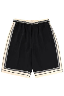 Dolce &amp; Gabbana men’s vanity black athletic shorts with cream and gray striped trim and elastic waistband