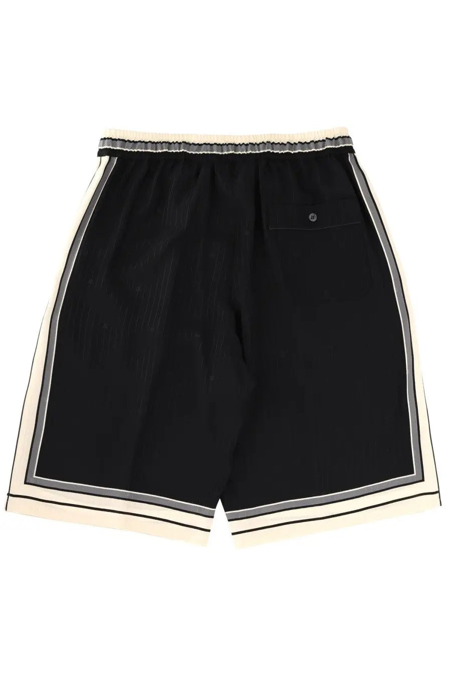 Dolce &amp; Gabbana men’s vanity shorts black back side showing cream and gray striped trim with buttoned back pocket
