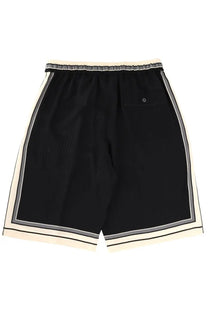 Dolce &amp; Gabbana men’s vanity shorts black back side showing cream and gray striped trim with buttoned back pocket