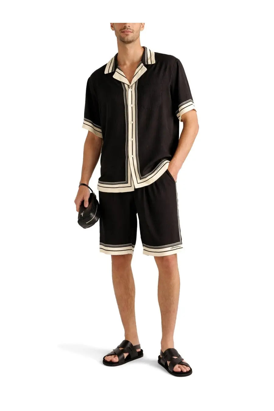 Dolce &amp; Gabbana men’s black short-sleeved shirt with cream trim and button-down collar