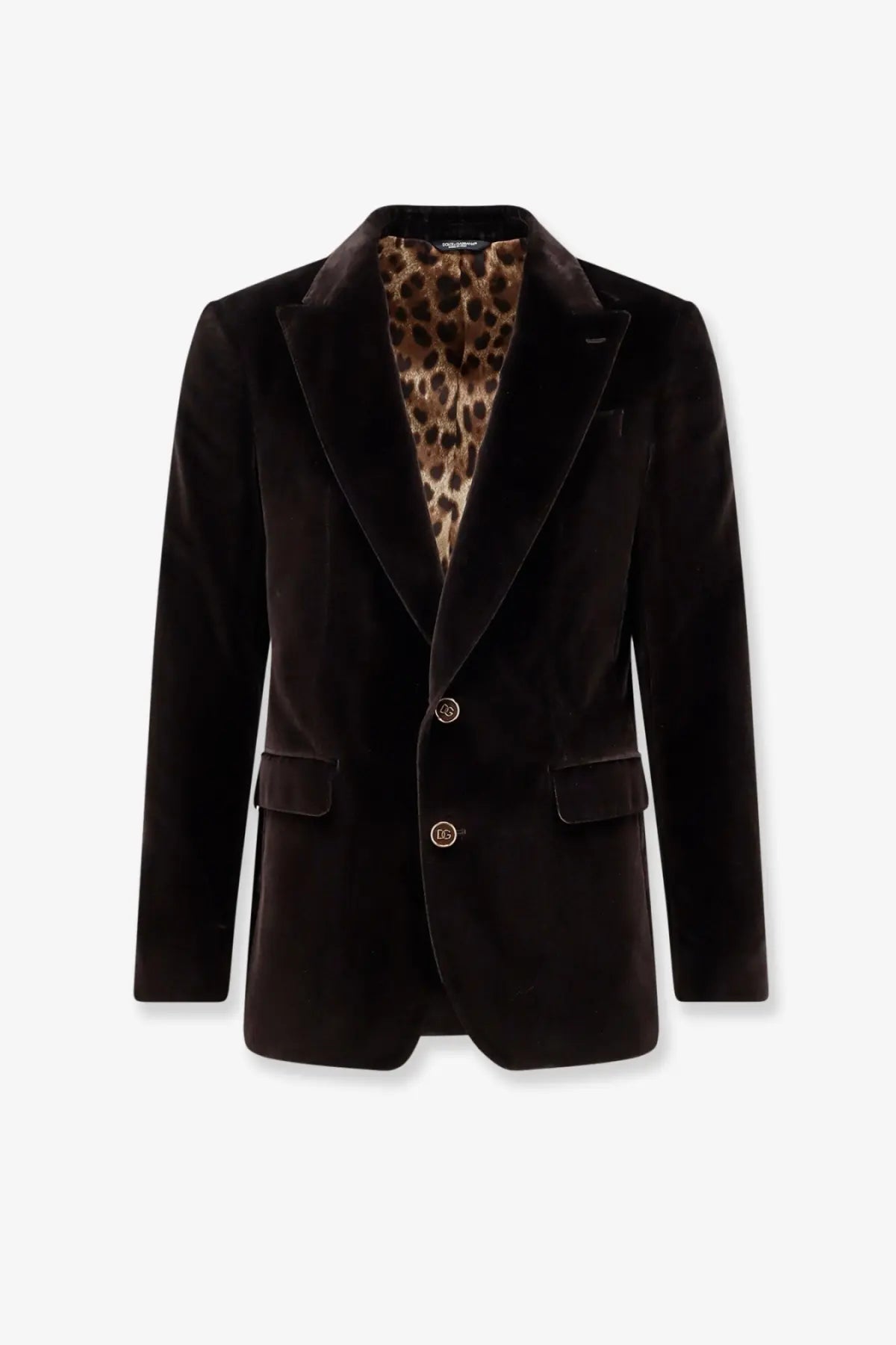 Dolce &amp; Gabbana men’s brown velvet blazer with leopard-print lining and gold-tone buttons