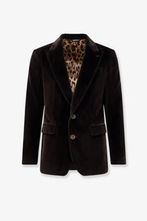 Dolce &amp; Gabbana men’s brown velvet blazer with leopard-print lining and gold-tone buttons