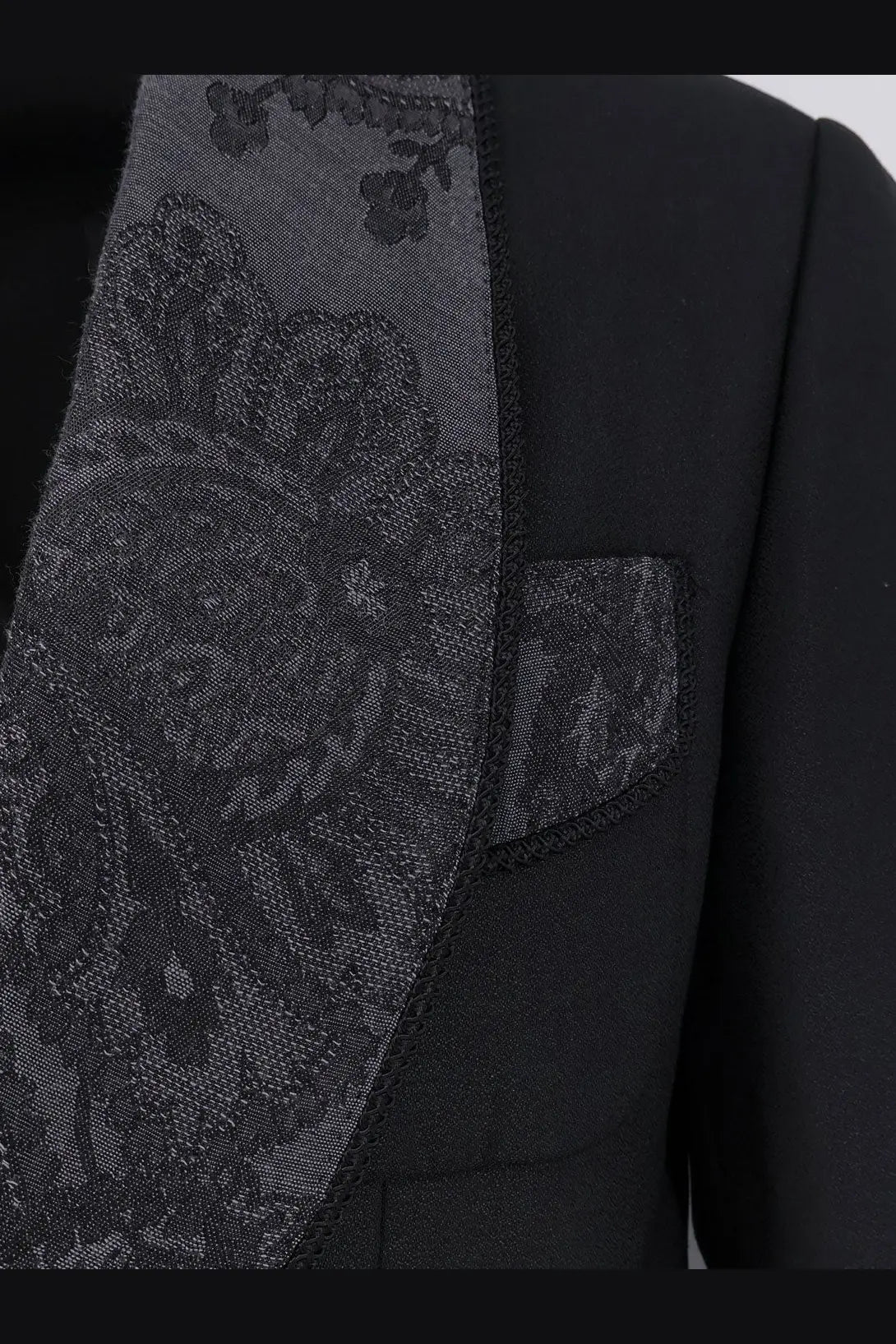 Dolce &amp; Gabbana men’s black virgin wool blend blazer with intricate gray floral embroidery on lapel and pocket