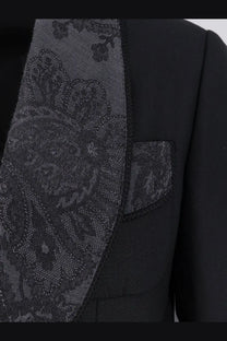 Dolce &amp; Gabbana men’s black virgin wool blend blazer with intricate gray floral embroidery on lapel and pocket
