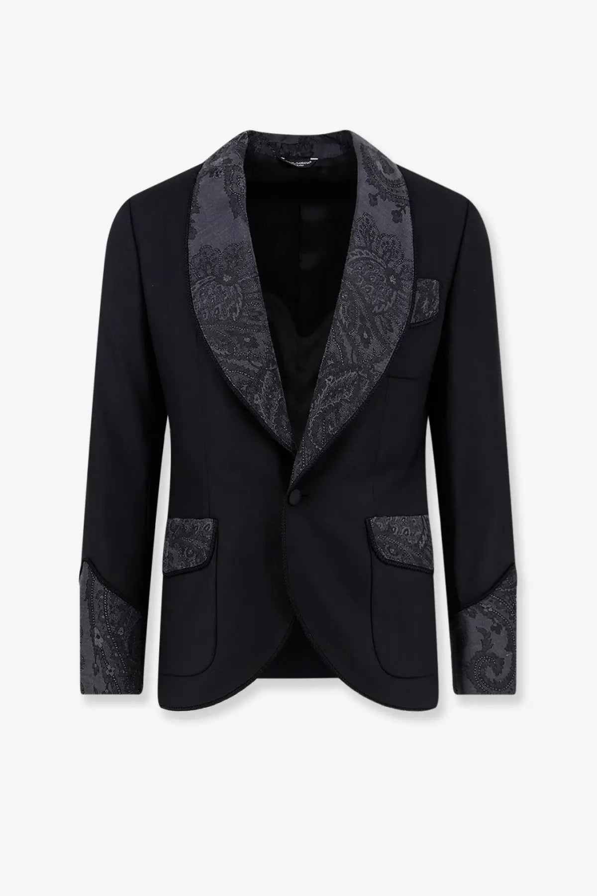 Dolce and Gabbana men’s black virgin wool blend tuxedo jacket with dark gray paisley trim on lapels cuffs and pockets