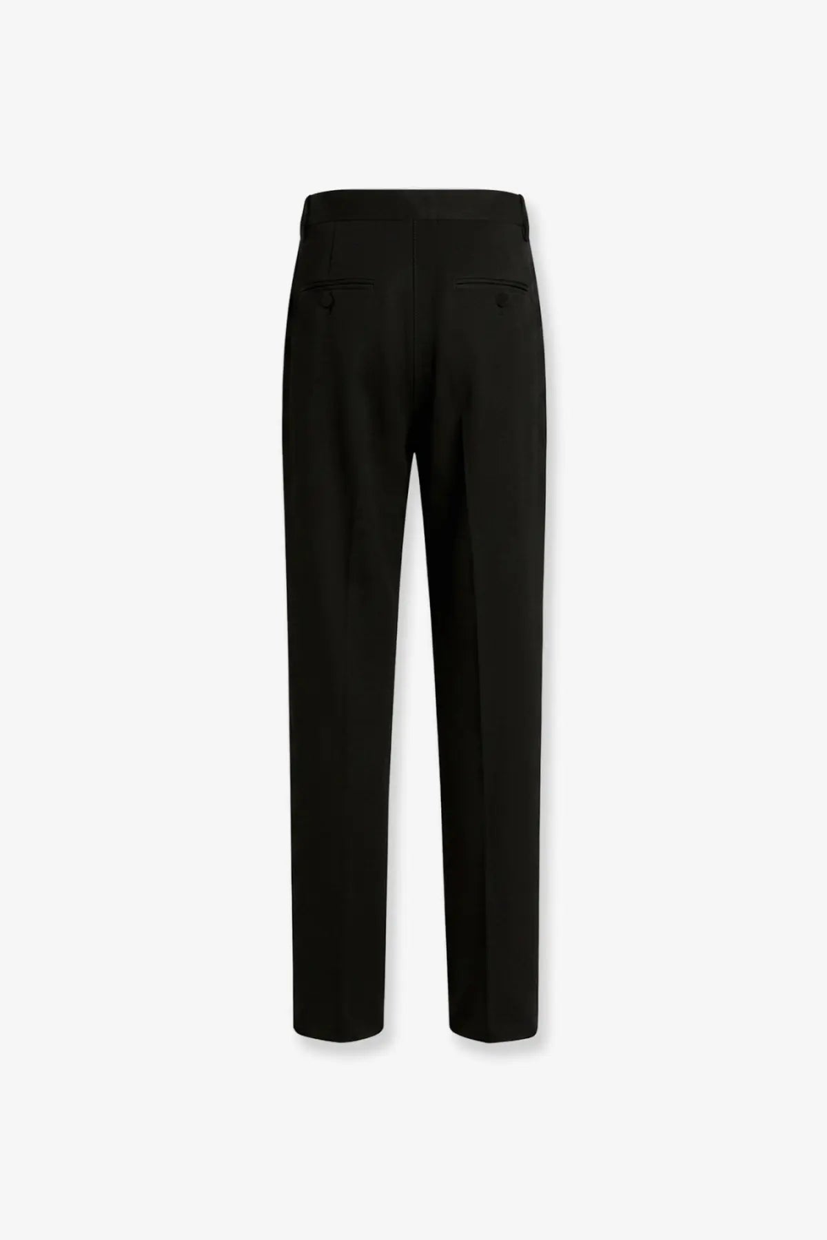Black tailored dolce and gabbana men’s virgin wool trousers with sleek straight-leg cut and subtle back pleats shown from back