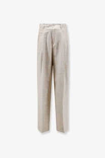 Beige dolce and gabbana men’s trousers in viscose and linen blend with subtle textured weave and tailored pleats