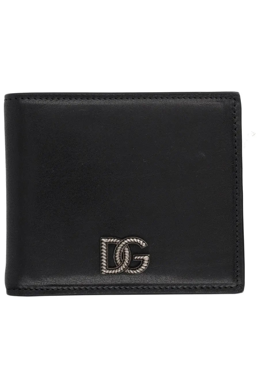 Dolce &amp; Gabbana men’s black leather wallet with silver rope textured DG logo emblem front view