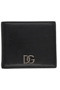 Dolce &amp; Gabbana men’s black leather wallet with silver rope textured DG logo emblem front view