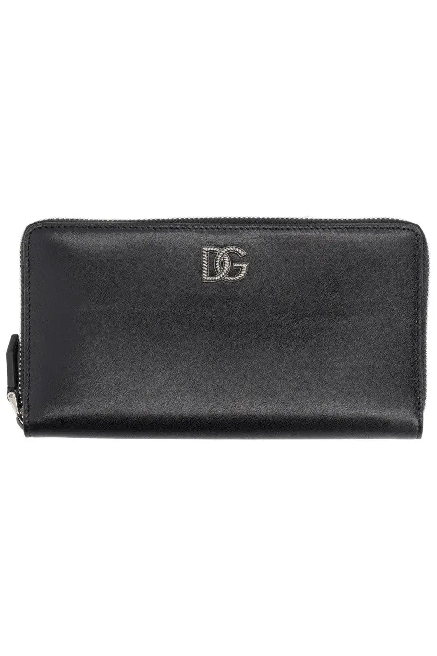 Black leather dolce and gabbana men’s zip-around wallet in storm black with silver-toned dg logo emblem