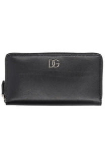 Black leather dolce and gabbana men’s zip-around wallet in storm black with silver-toned dg logo emblem