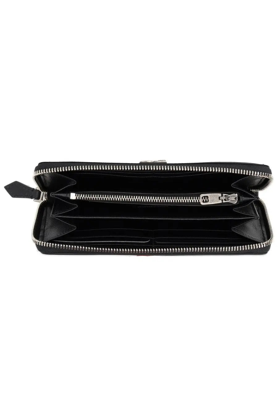 Dolce &amp; Gabbana men’s black leather long wallet with silver zippers and branded metal clasp