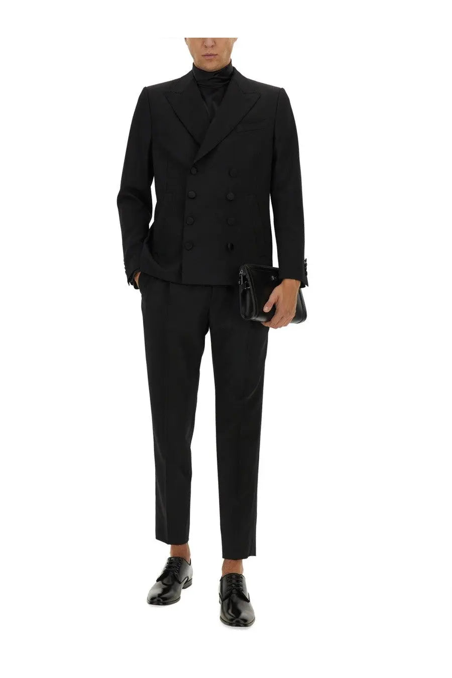 Dolce and gabbana men’s black wide turtleneck with a tailored fit and peak lapel double-breasted suit jacket