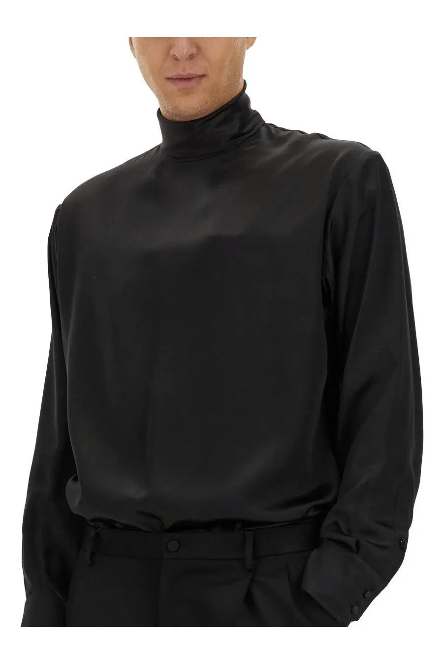 Dolce &amp; Gabbana men’s black satin wide turtleneck shirt with long sleeves and buttoned cuffs