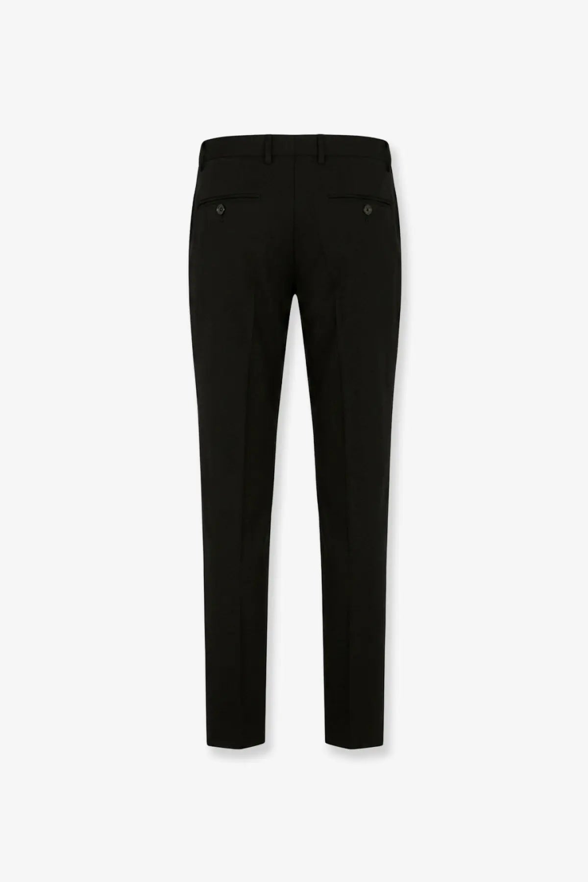 Black tailored wool blend trousers by dolce and gabbana with sleek straight-leg cut and diamond button details on back pockets
