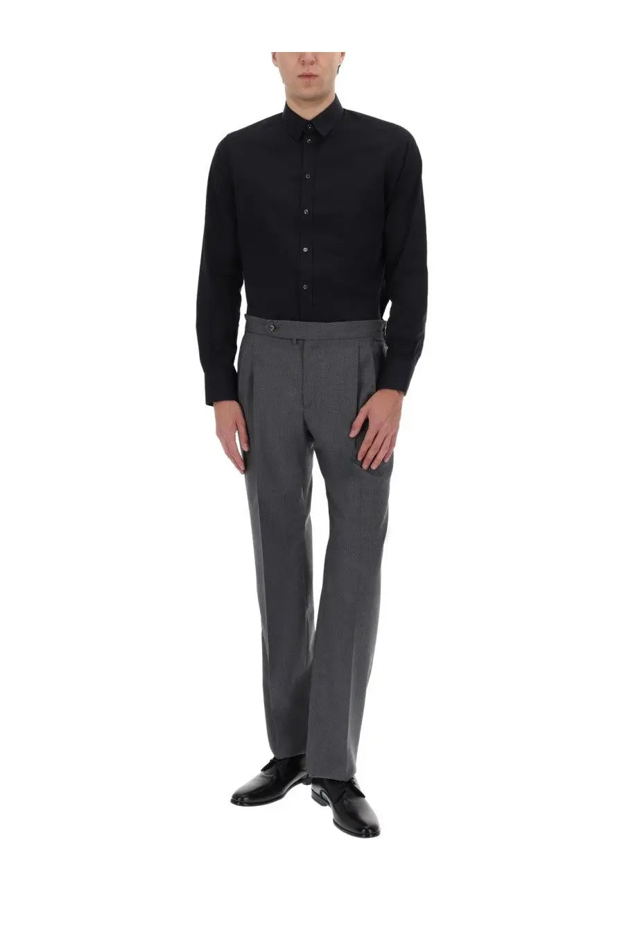 Dolce &amp; gabbana men’s grey wool canvas tailored pants paired with a black long-sleeved button-down shirt
