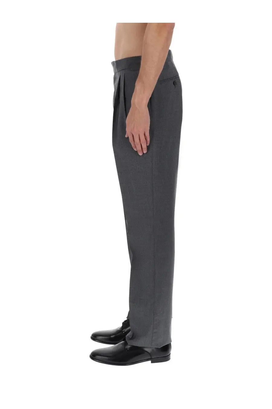 Dolce &amp; Gabbana men’s dark gray pleated wool canvas pants with a subtle brand logo on the waistband