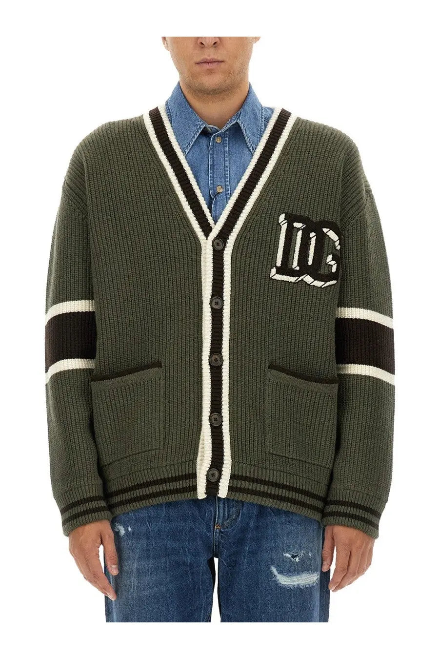 Dolce &amp; Gabbana men’s olive green wool cardigan with black and white striped v-neck, cuffs, placket, and dg logo patch