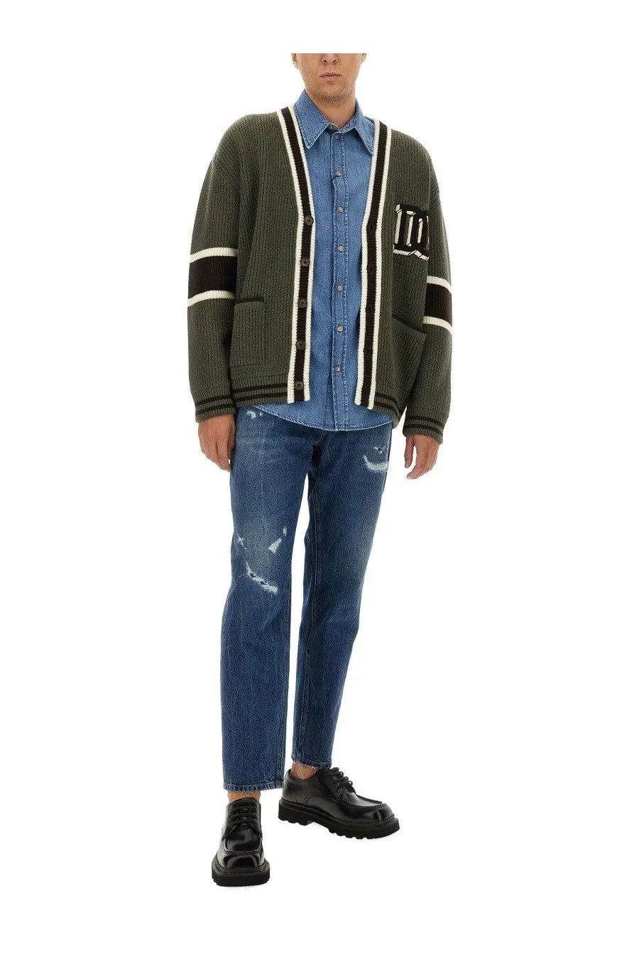 Dolce &amp; Gabbana men’s olive green wool cardigan with ribbed knit and black and white striped accents on sleeves and cuffs