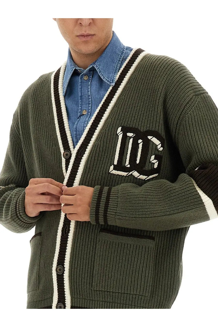 Dolce and Gabbana men’s olive green wool cardigan with ribbed knit black and white striped trim and embroidered dg logo