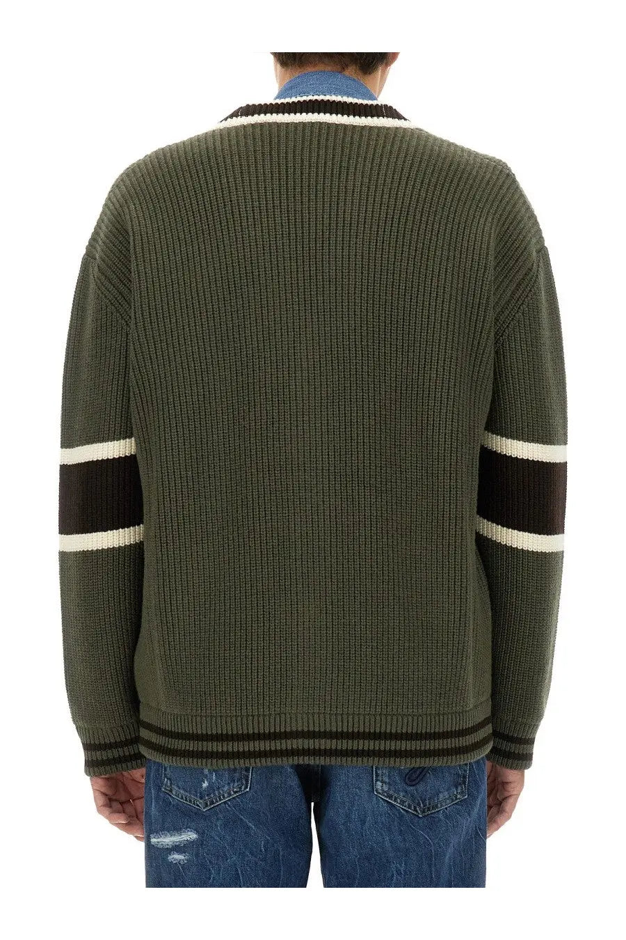 Dolce &amp; gabbana men’s olive green wool cardigan with ribbed knit and black cream striped sleeves collar and hem
