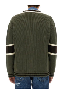 Dolce &amp; gabbana men’s olive green wool cardigan with ribbed knit and black cream striped sleeves collar and hem