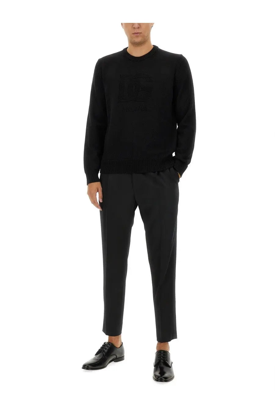 Dolce &amp; Gabbana men’s black wool jersey crewneck sweater with subtle textured logo on the chest