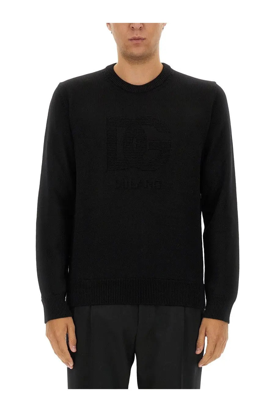 Dolce &amp; Gabbana men’s black wool jersey sweater with textured dg logo on the chest