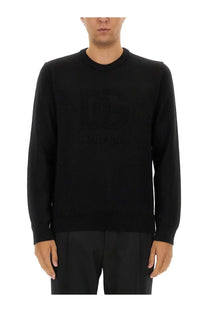 Dolce &amp; Gabbana men’s black wool jersey sweater with textured dg logo on the chest