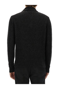 Dolce &amp; Gabbana men’s black wool polo knit cardigan with textured fabric ribbed cuffs and hem