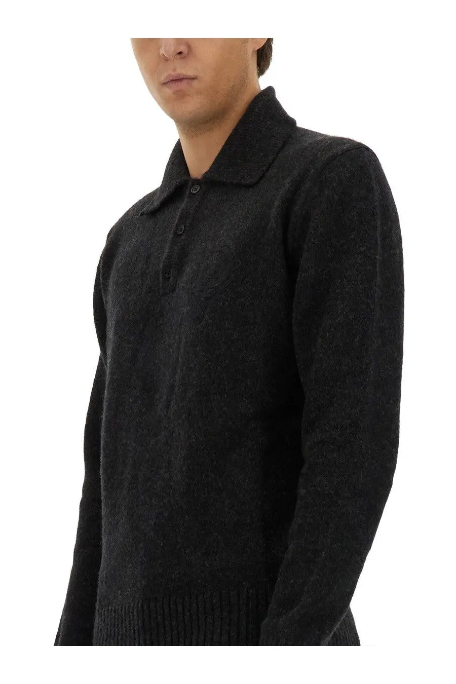 Dolce &amp; Gabbana men’s black wool polo sweater with textured knit and ribbed cuffs and collar