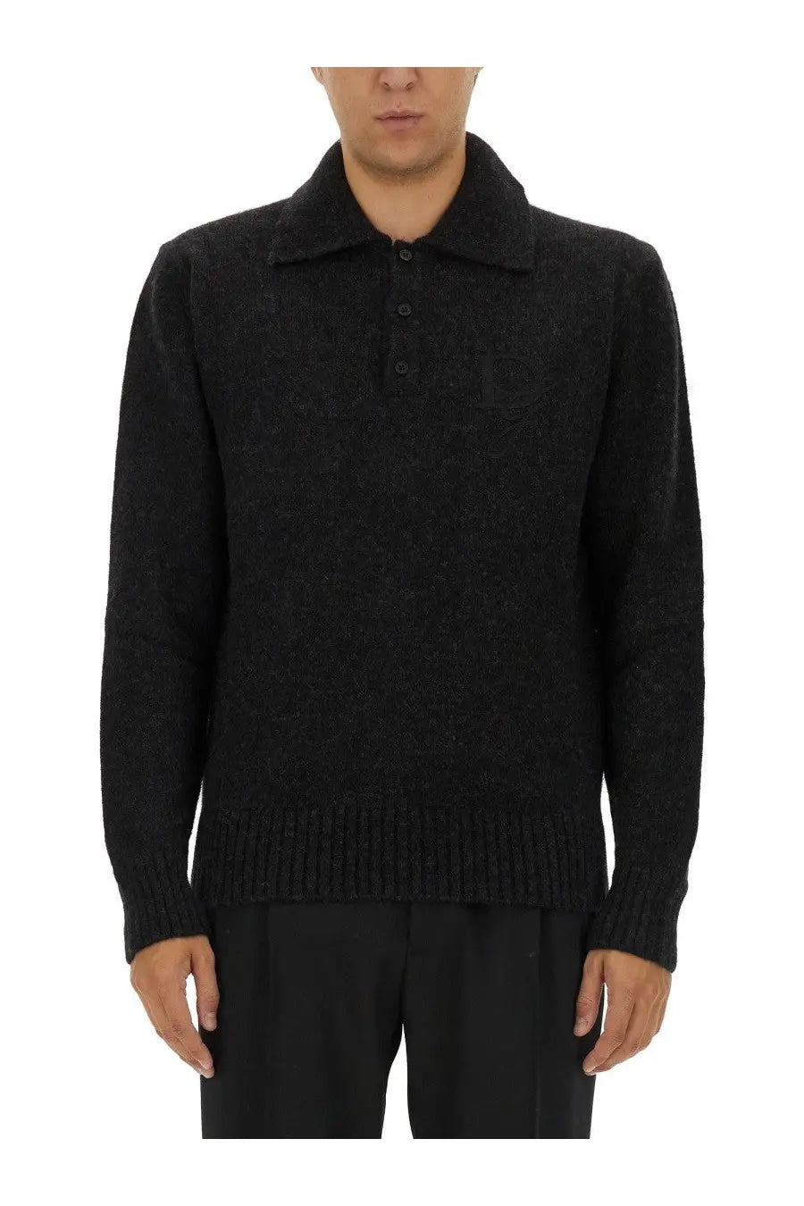 Dolce &amp; Gabbana men’s black wool polo sweater with textured knit and ribbed cuffs and hem