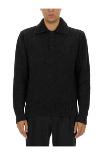 Dolce &amp; Gabbana men’s black wool polo sweater with textured knit and ribbed cuffs and hem