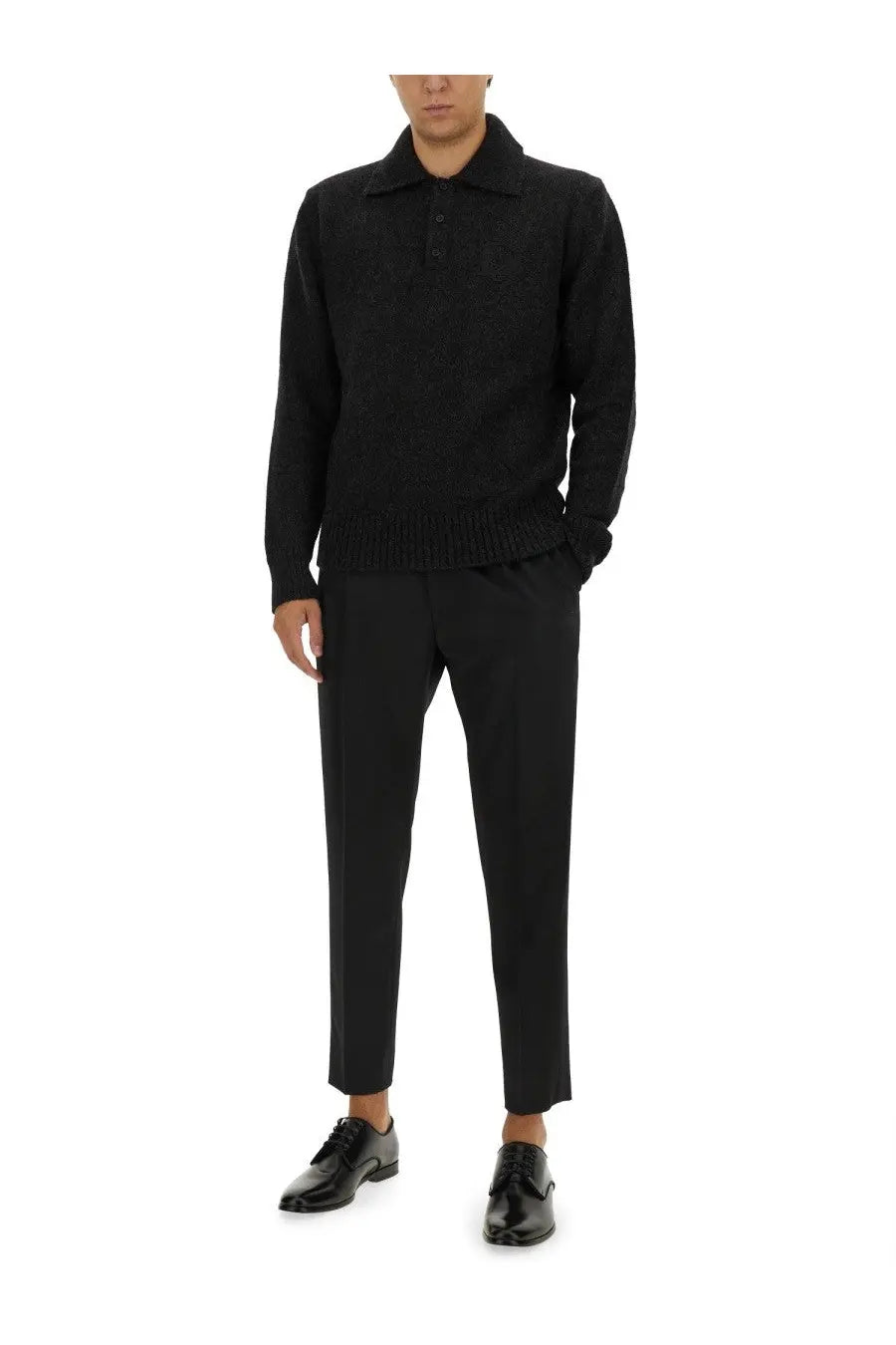 Dolce &amp; Gabbana men’s wool polo black textured knit sweater with ribbed cuffs and hem