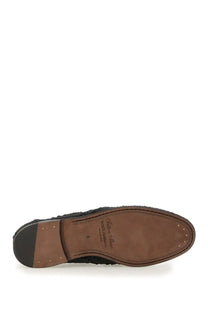 Dolce &amp; Gabbana men’s black woven fabric derby shoe with brown leather sole and stitched detailing