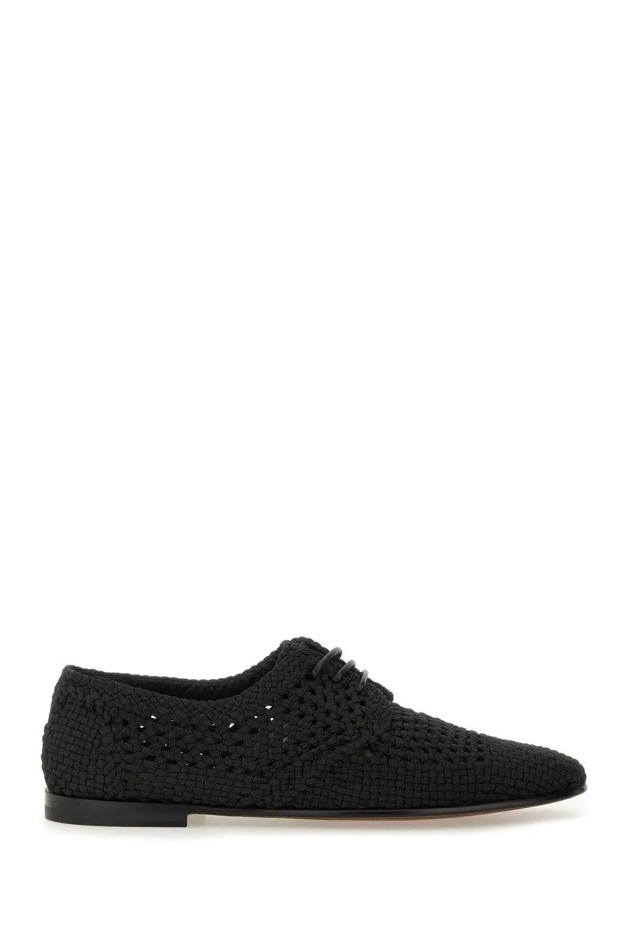 Dolce Gabbana men’s black woven leather derby shoe with textured open-knit pattern and flat sole