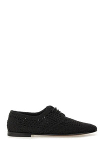 Dolce Gabbana men’s black woven leather derby shoe with textured open-knit pattern and flat sole