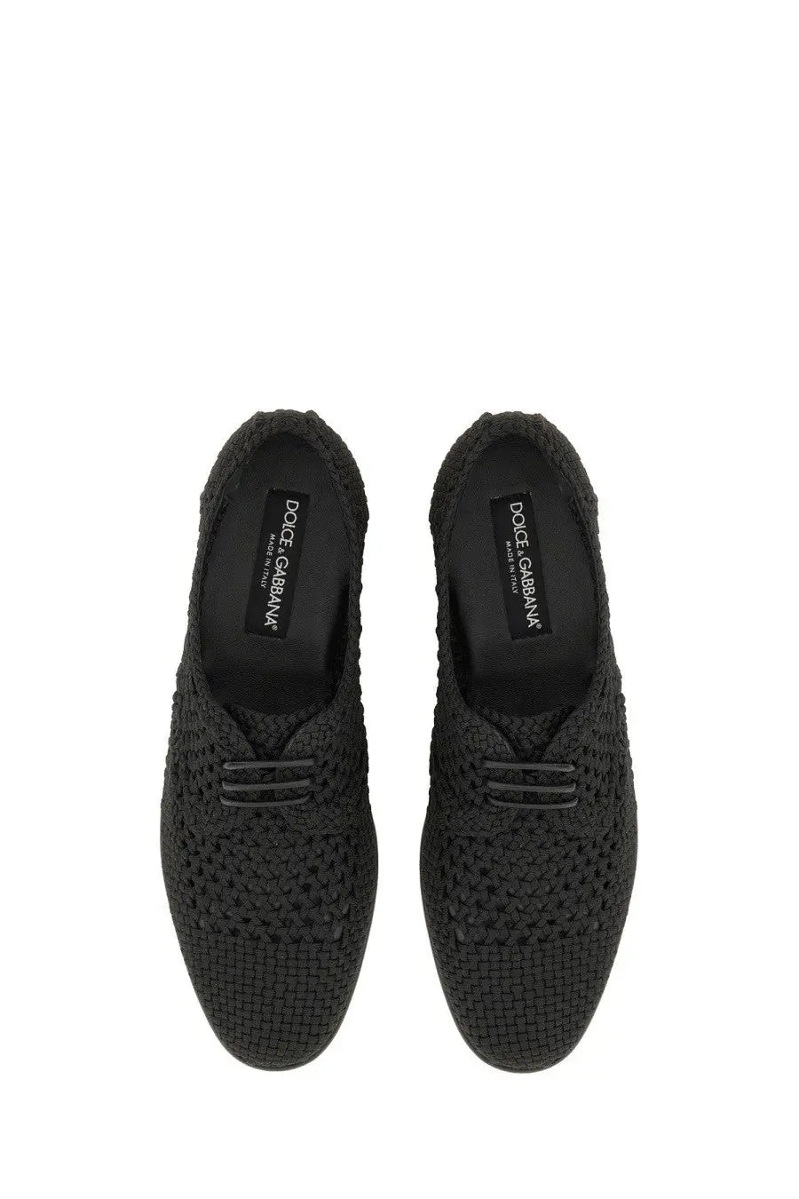 Dolce &amp; Gabbana men’s black woven leather slip-on derby shoes featuring premium woven fabric design