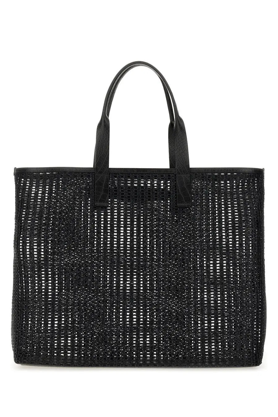 Dolce &amp; Gabbana men’s black woven tote bag with crocodile-embossed leather handles for shopping use