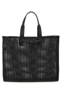 Dolce &amp; Gabbana men’s black woven mesh tote bag with leather handles and branded front strap for shopping