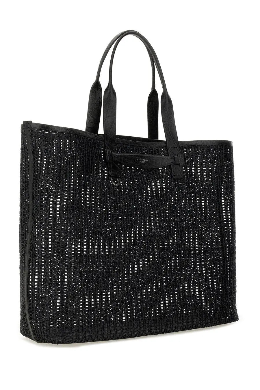 Dolce &amp; Gabbana men’s black woven mesh tote bag with leather handles and minimalist design for shopping use