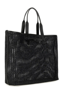 Dolce &amp; Gabbana men’s black woven mesh tote bag with leather handles and minimalist design for shopping use