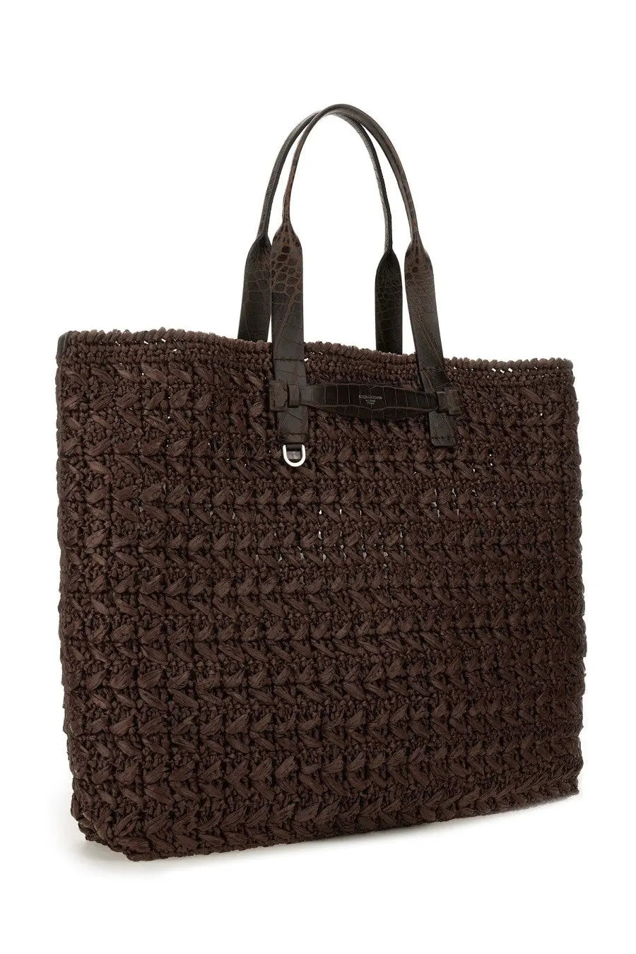 Dolce &amp; Gabbana men’s brown woven mesh shopping bag with crocodile-textured leather handles and matching clasp
