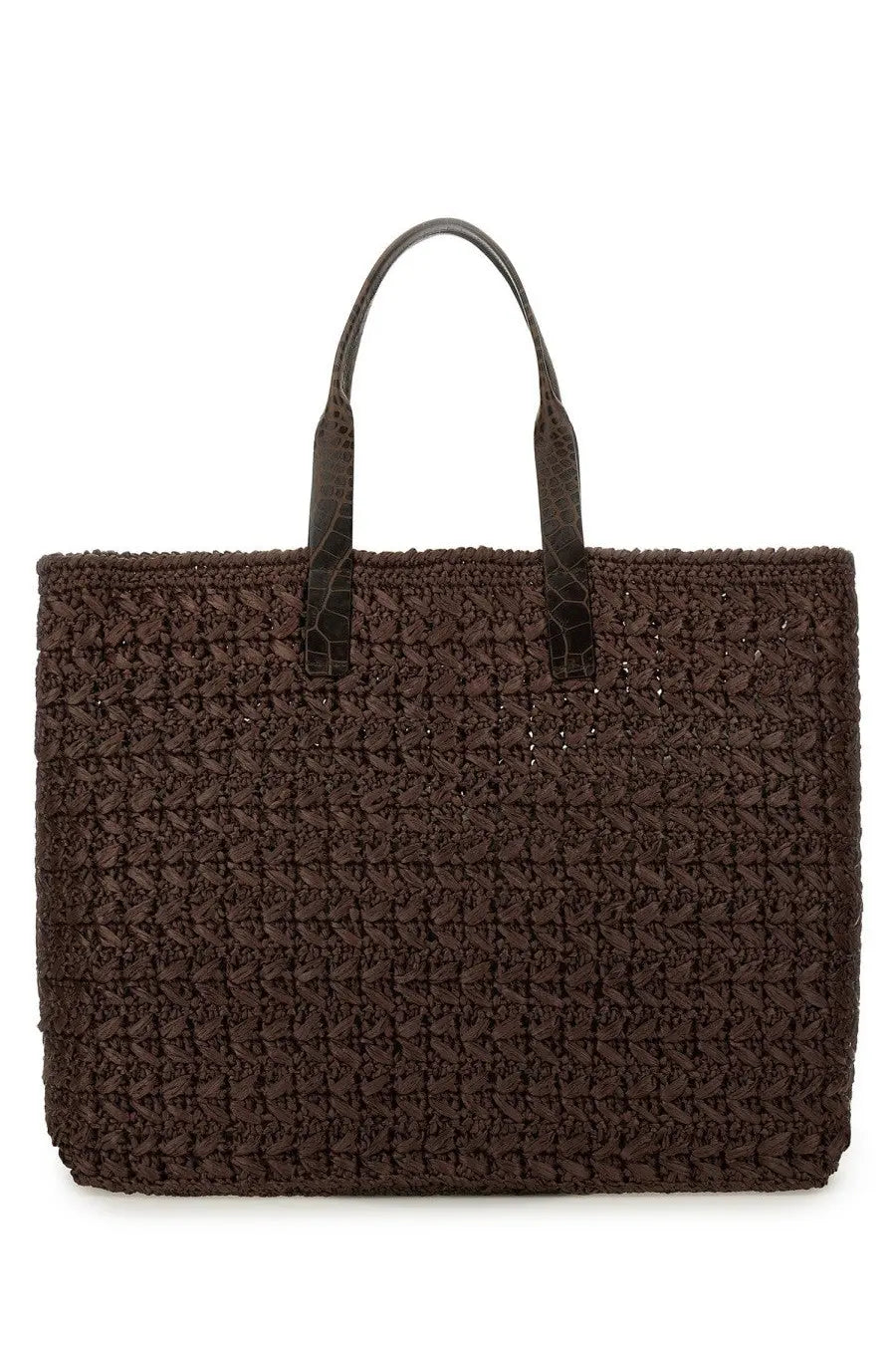 Dolce &amp; Gabbana men’s woven mesh shopping bag brown with textured crocheted body and dark reptile patterned leather handles