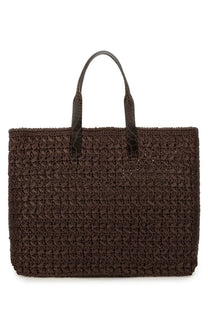 Dolce &amp; Gabbana men’s woven mesh shopping bag brown with textured crocheted body and dark reptile patterned leather handles